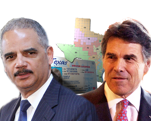 U.S. Attorney General Eric Holder (adapted from British Foreign and Commonwealth Office Flickr photo) and Texas Gov. Rick Perry (adapted from photo by Jonathan Mallard)